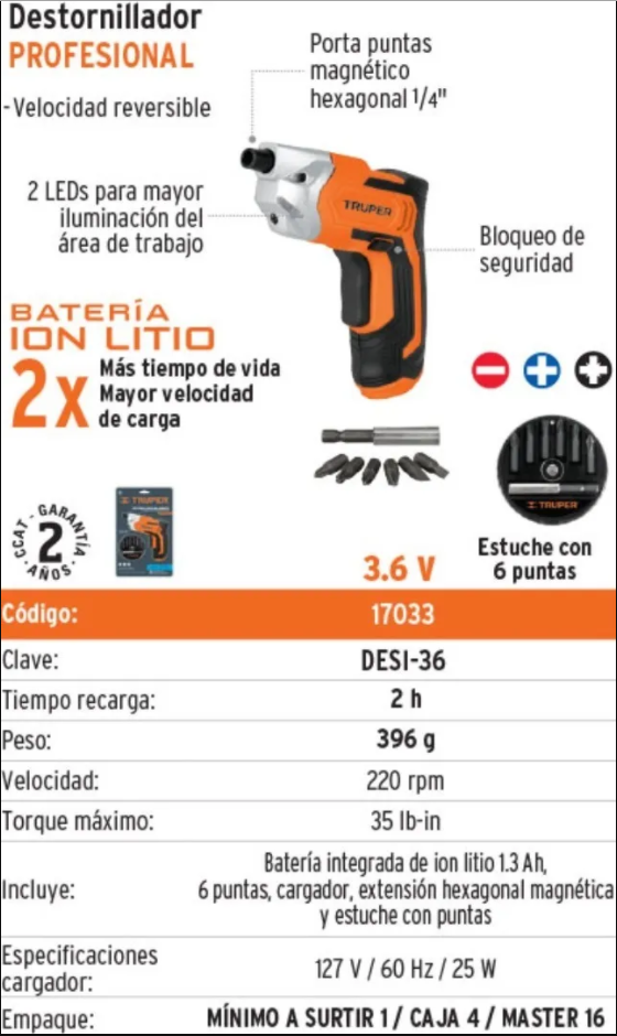 TALADRO ATORNILLADOR TRUPER 3.6V 17033